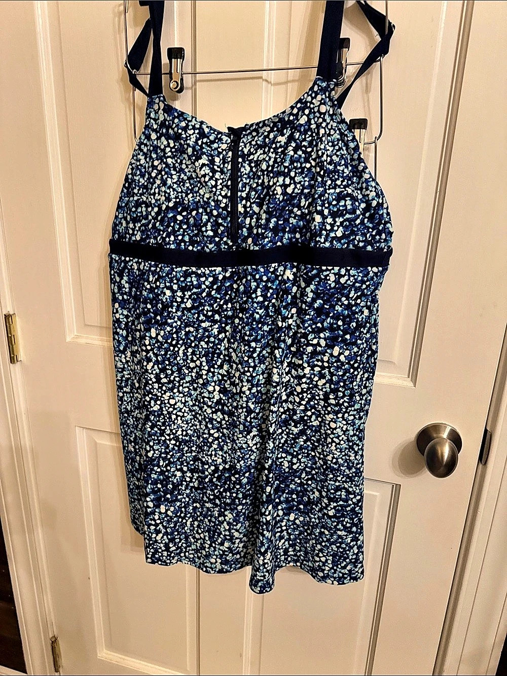 Lands' End Zip Front Adjustable Straps Swim Dress Blue & White XL